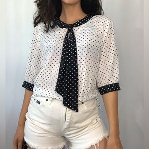 90s Polka Dot blouse. Black and White. Pussy bow.